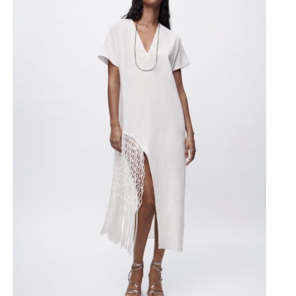 Like New Zara 100% Linen Fringed Macrame White Dr… - image 5